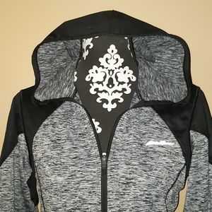 EUC Ladies Eddie Bauer Motion fitted full hood zip jacket Black/Grey Sz M